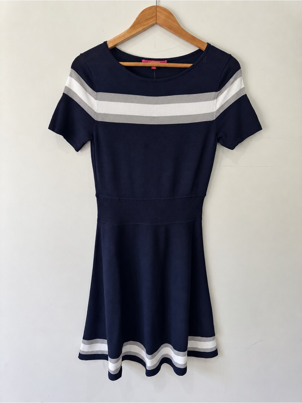 Catherine Malandrino Navy Dress with White and Light Gray Stripes